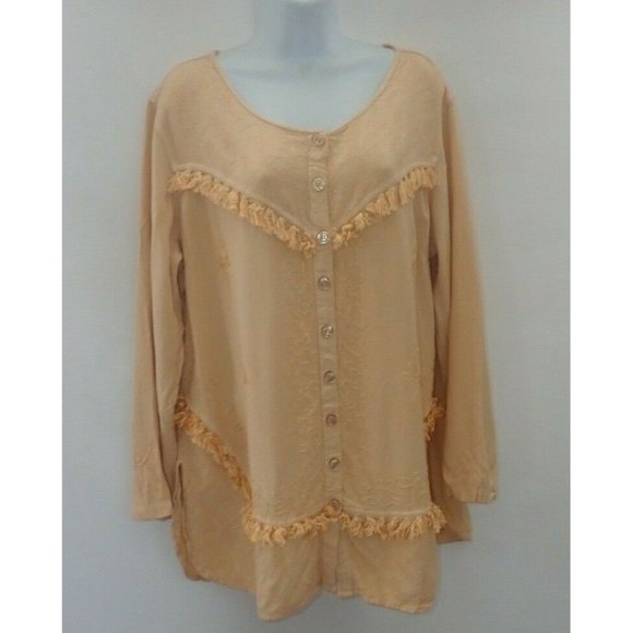 Original Anthony Peasant Top Women 1X Boho Fringe Embroidered Gold Tunic b30 - Picture 2 of 8